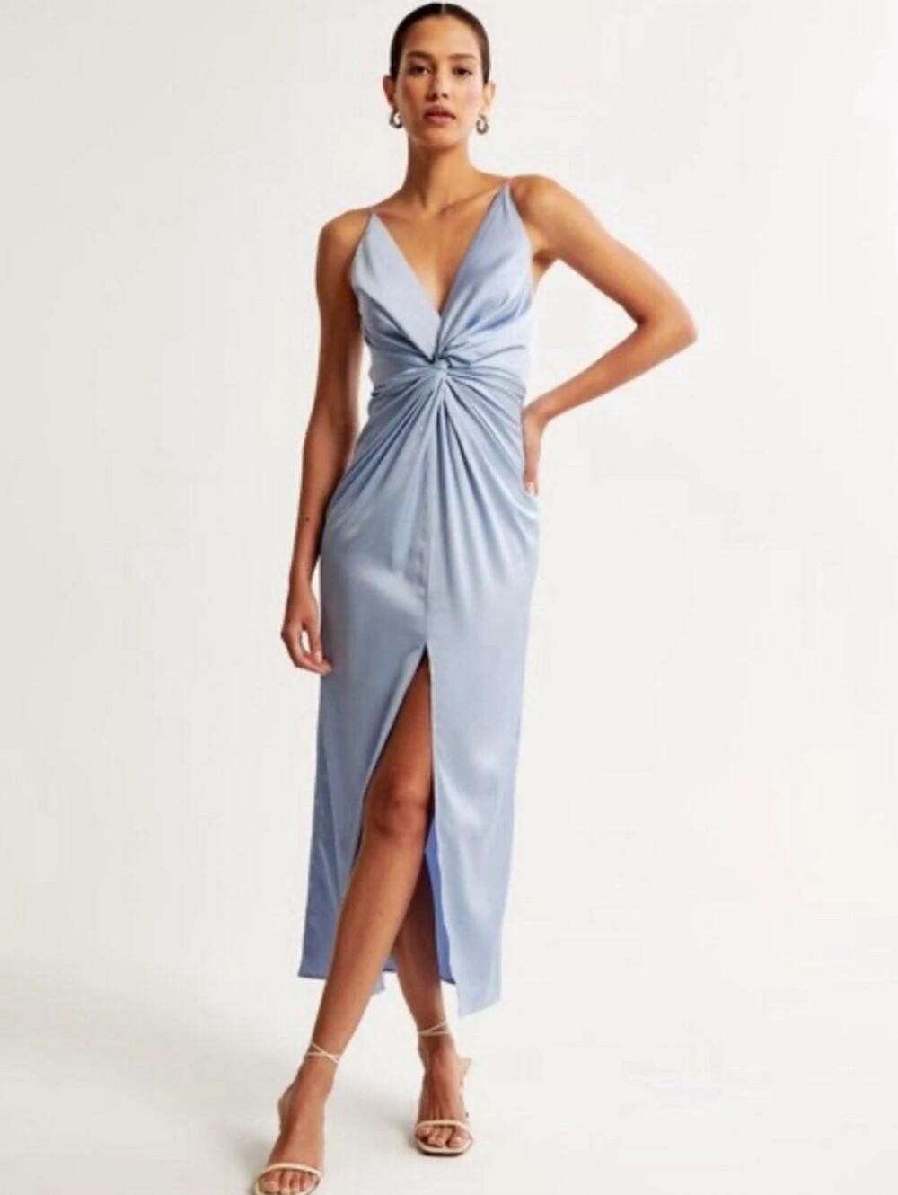 Abercrombie & Fitch Draped Twist Front Maxi Dress Size L Satin Blue Event Party